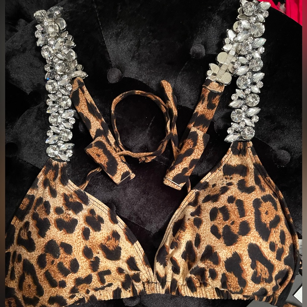 Fashion Nova Leopard Print Rhinestone Halter Bikini Top - Brown Black